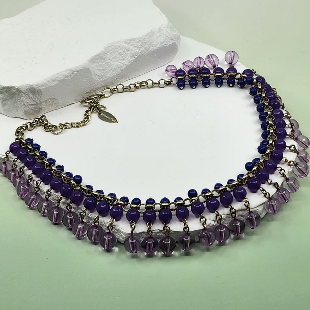 Coldwater Creek Purple Blue Beaded Fringe Gold Tone Layered Statement Necklace
